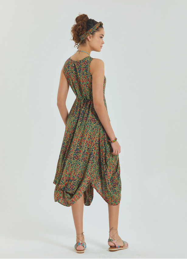 Pera Patterned Sleeveless Paisley Tie Waist Dress